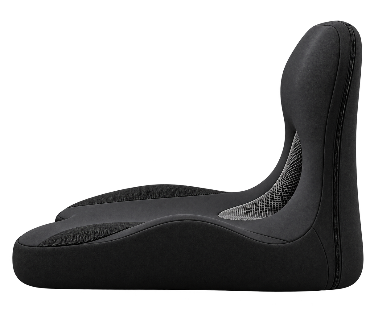Veyross Orthopedic Seat Cushion side profile showing the L-shaped seat pad and upright lumbar support